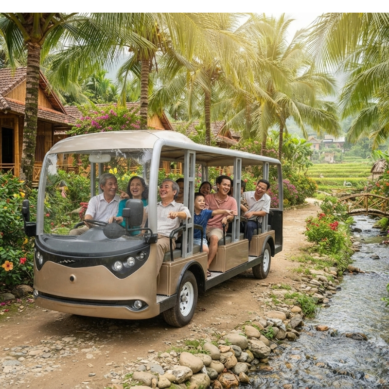 Khách Hàng Đánh Giá Thế Nào Về Trải Nghiệm Di Chuyển Bằng Xe Điện tại Homestay? 2 Cả gia đình khách hàng đang trải nghiệm trên xe điện tại một homestay