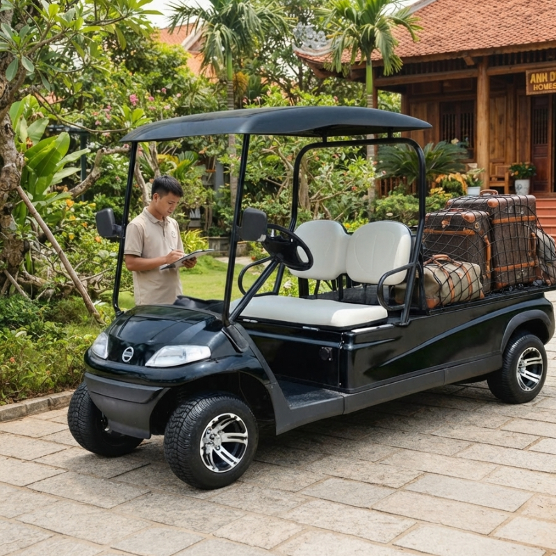 Xe Điện Homestay Giúp Chủ Đầu Tư Tiết Kiệm Chi Phí Vận Hành Như Thế Nào? 2 Xe điện chở hàng vận chuyển hành lý trong homestay