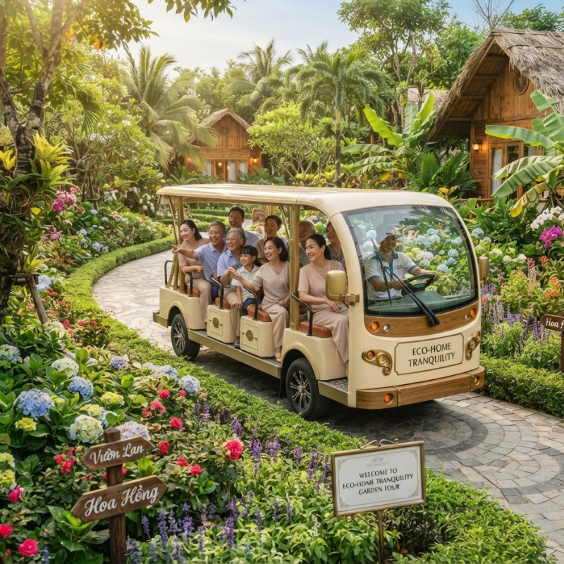 Sự Khác Biệt Giữa Homestay Có Xe Điện Đưa Đón và Homestay Truyền Thống 2 Xe điện chở các đoàn khách tham quan khuôn viên vườn hoa tại một khu homestay nghỉ dưỡng sinh thái
