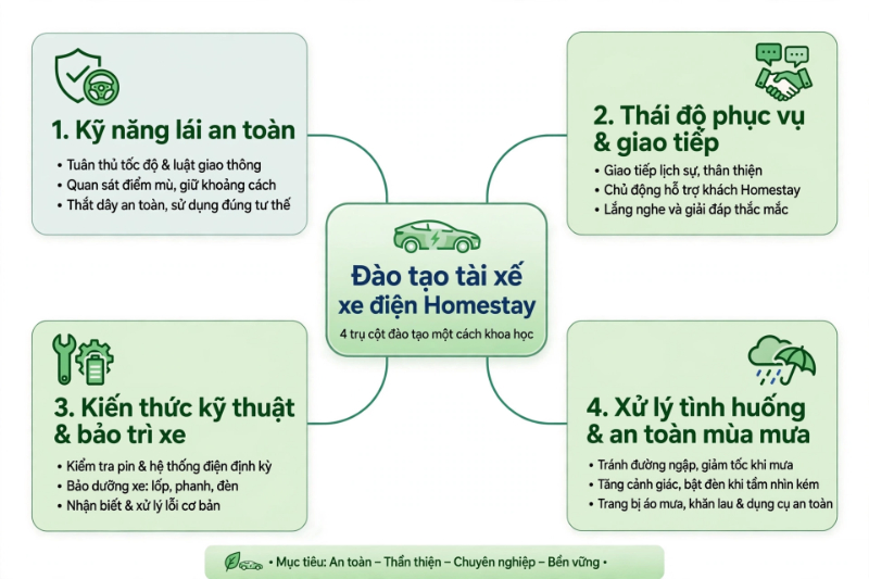  Bảng 4 kỹ năng cốt lõi cần đào tạo cho tài xế xe điện homestay