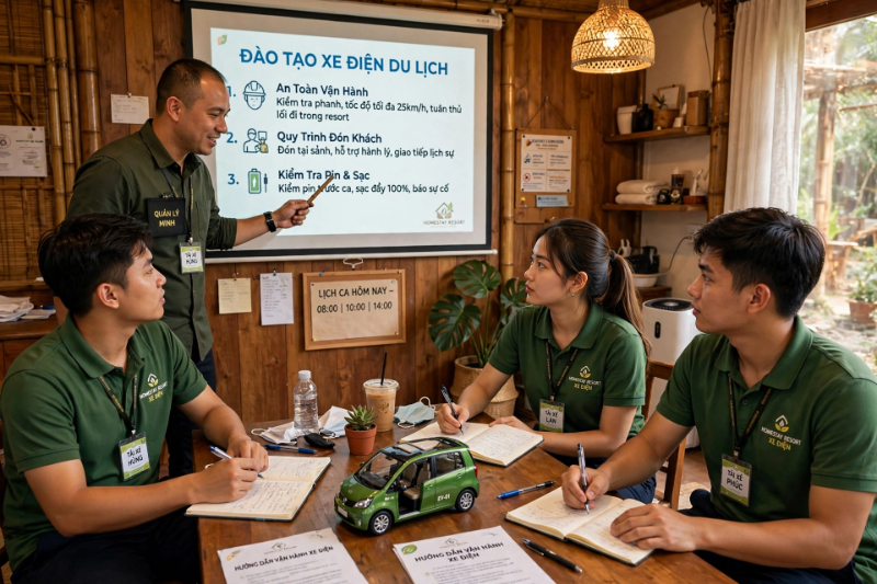 Buổi họp định hướng nội bộ giữa quản lý homestay và các nhân viên lái xe mới.