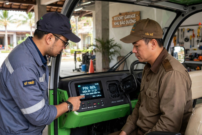 Kỹ thuật viên hướng dẫn tài xế thao tác kiểm tra các chốt sạc và đồng hồ hiển thị pin trên xe điện homestay.