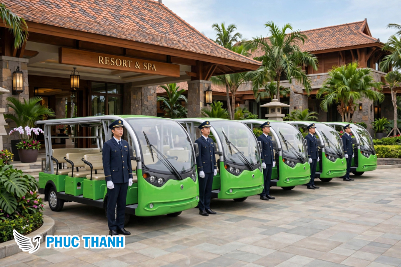 Quy Trình 5 Bước Đào Tạo Tài Xế Xe Điện Du Lịch Chuyên Nghiệp Cho Homestay & Resort 5 Tài xế xe điện homestay mặc đồng phục gọn gàng, mỉm cười đón khách.
